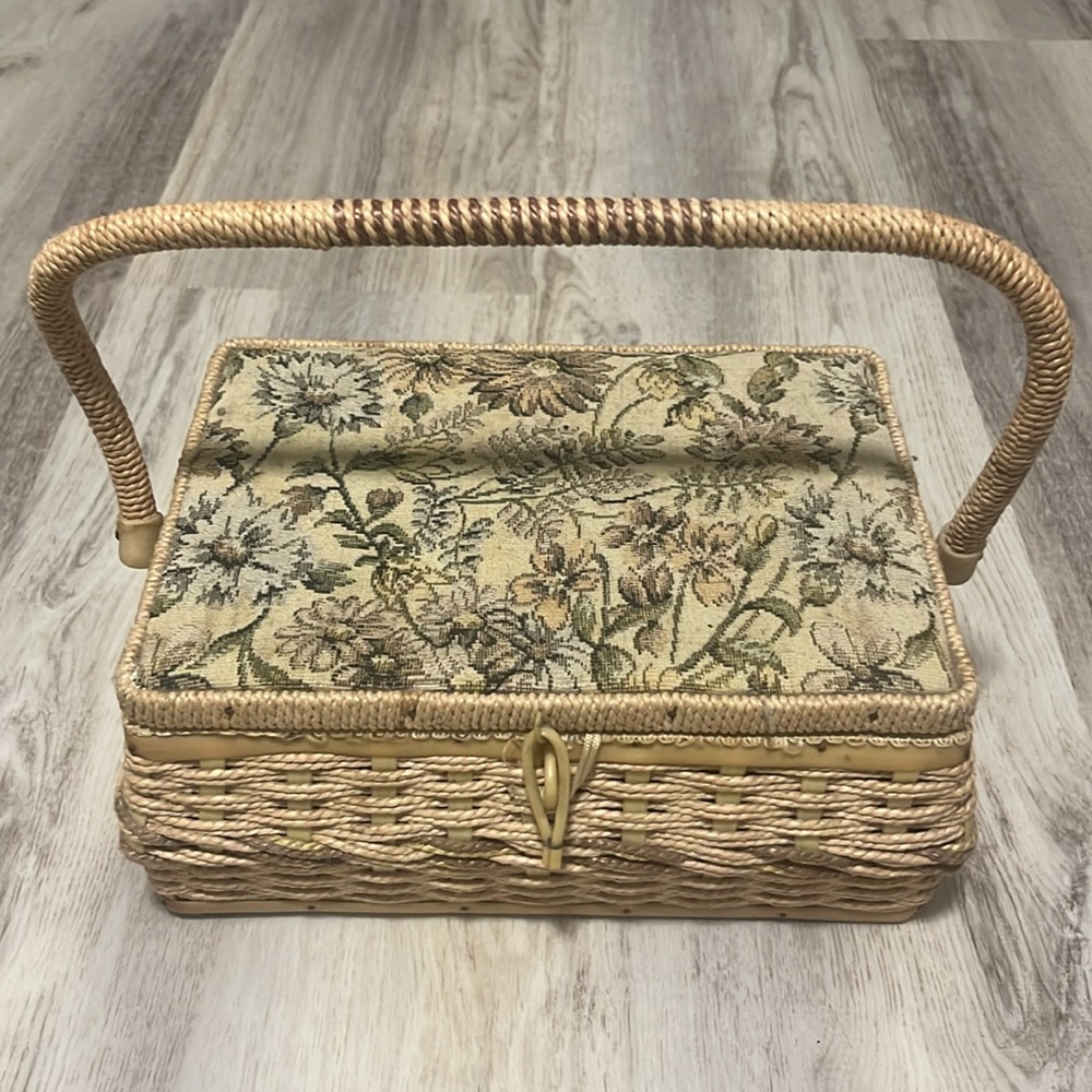 Vintage Rare Tan Brown Azar Wicker Sewing Basket With Padded Fabric Floral Cover